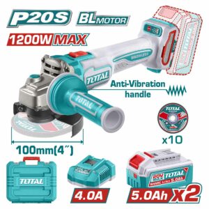 Total TAGLI2120232 20V Brushless Cordless Angle Grinder – 1200W Power | 3-Speed Control | Dual 5.0Ah Batteries | 100mm Disc
