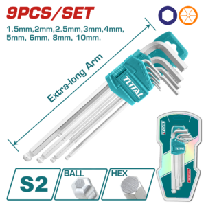 TOTAL 9PCS Ball Point Hex Key Set, Extra-Long, S2 Steel, Metric-THT106292