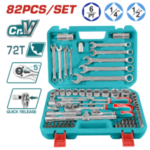TOTAL 82PCS 1/4″ & 1/2″ Socket Set, Cr-V Steel, 72T Ratchet, Complete Kit-THT421802