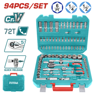 TOTAL 94PCS 1/4″ & 1/2″ Socket Set, Cr-V Steel, 72T Ratchet, Professional Kit-THT421942