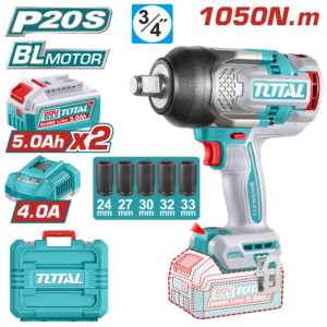TOTAL TIWLI20105 20V Brushless Cordless Impact Wrench – 3/4" Drive | 1200Nm Nut-Busting Torque | 2×5.0Ah Batteries