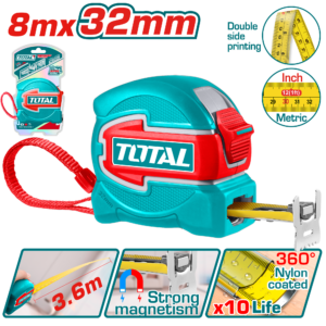 TOTAL Steel Measuring Tape 8m x 32mm, 360° Nylon Coated Blade, Magnetic Hook-TMT80832