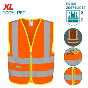 TOTAL TSP62XL Reflective Safety Vest – XL, Fluorescent Orange, EN471 Class 2