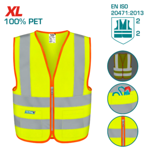 TOTAL TSP63XL Reflective Safety Vest– XL, Fluorescent Yellow, EN471 Class 2